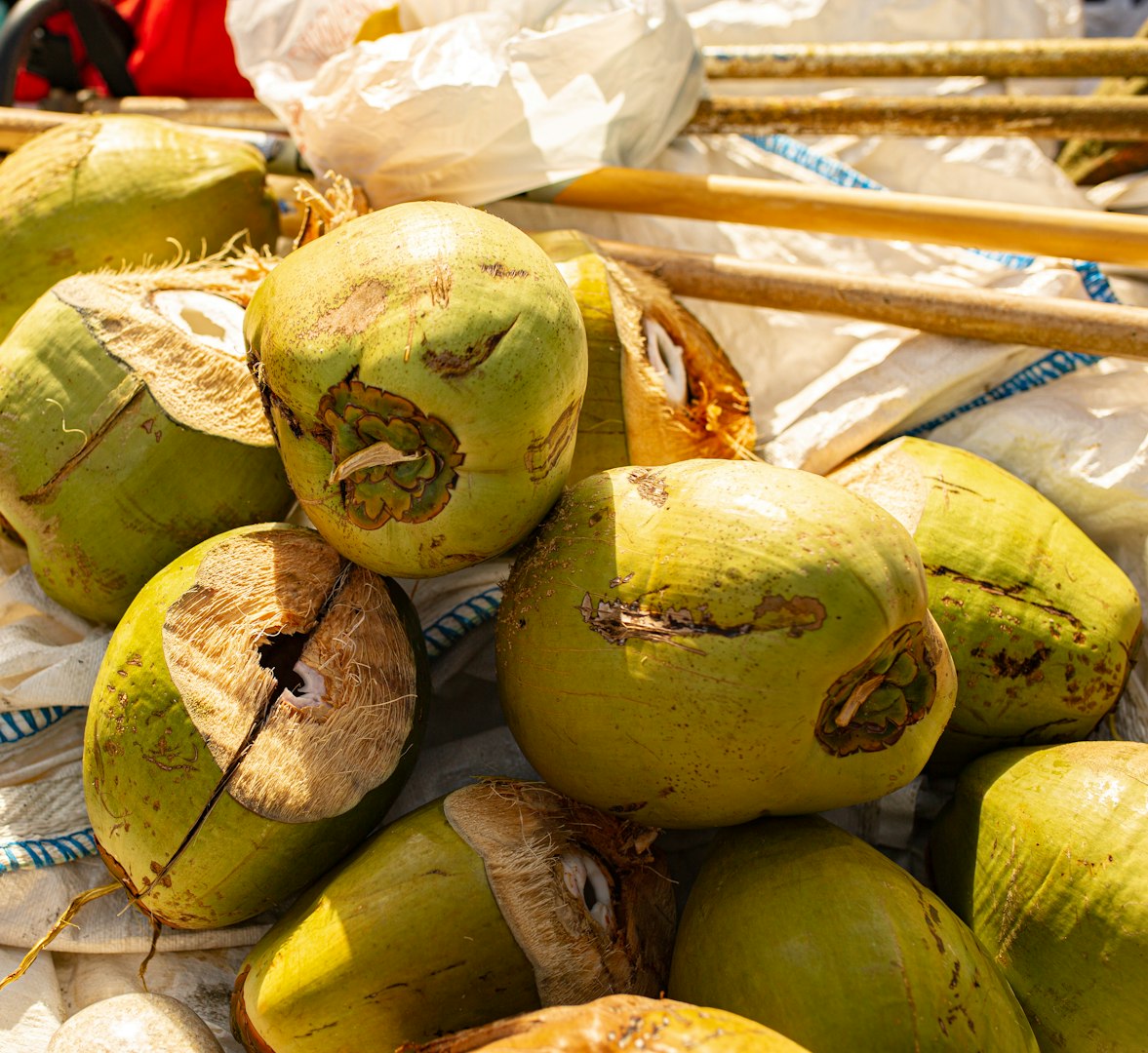 a pile of coconuts sitting on top of a table
